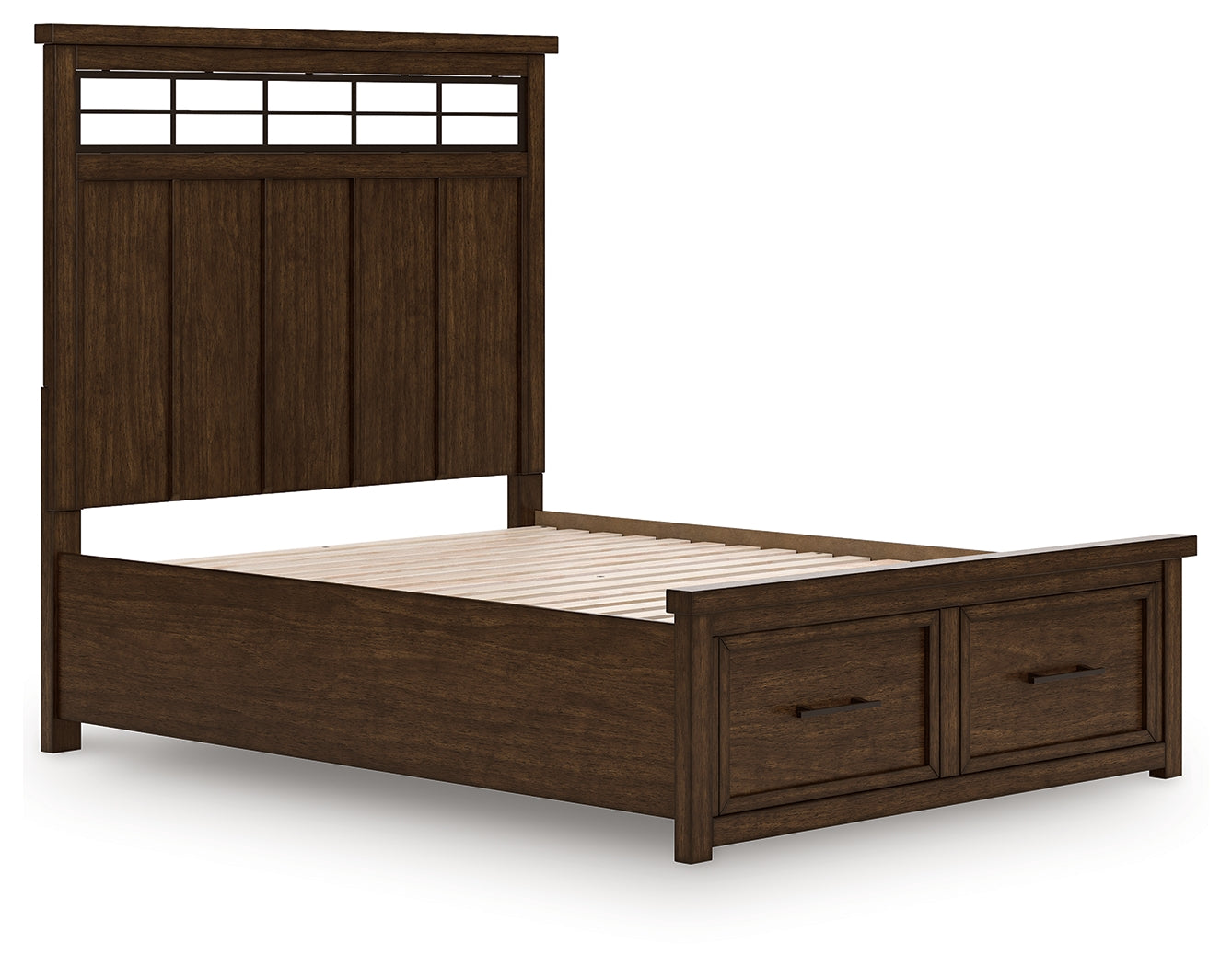 Close-up of headboard with black metal fret inset