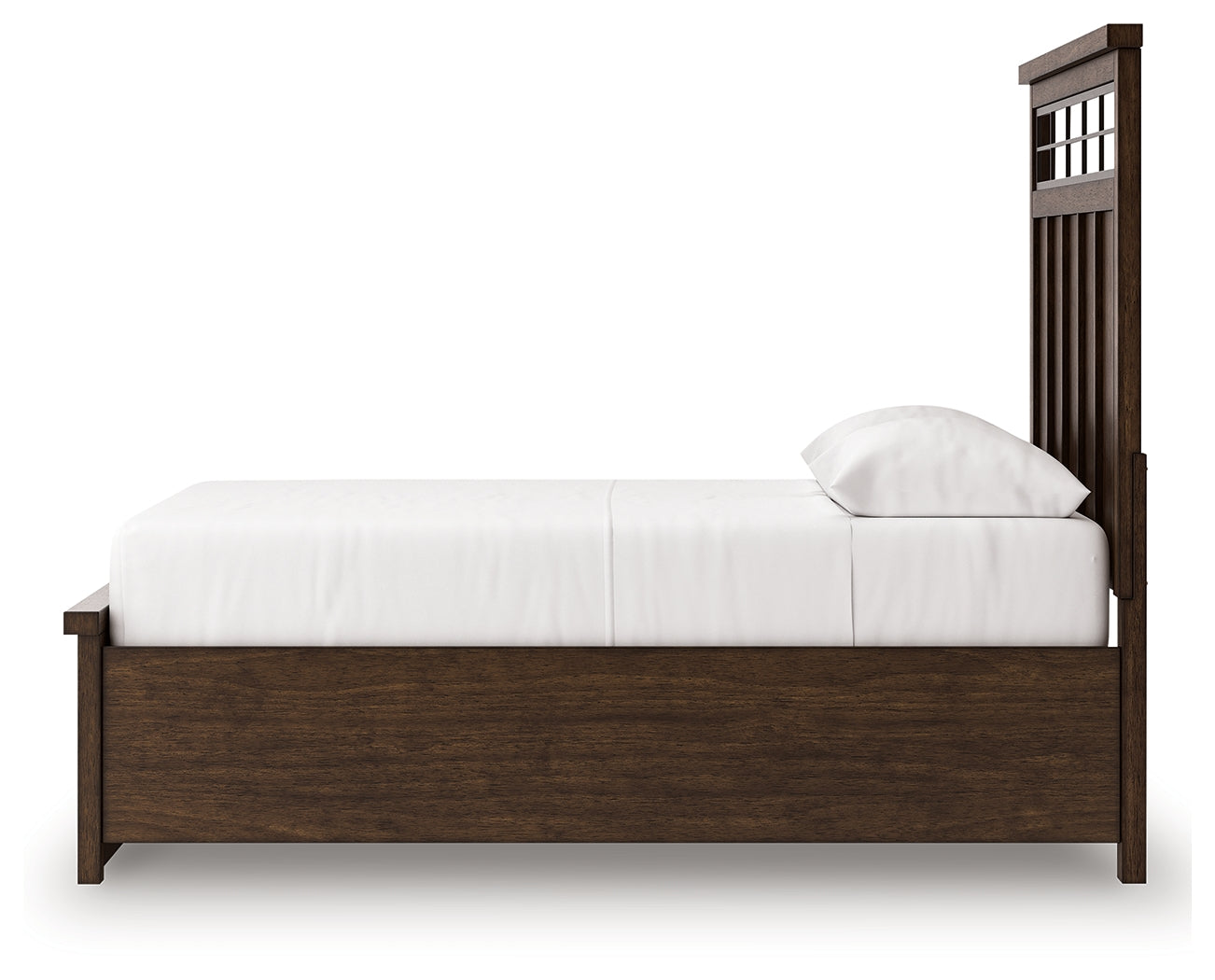 Head on view highlighting drawer pulls and wood finish