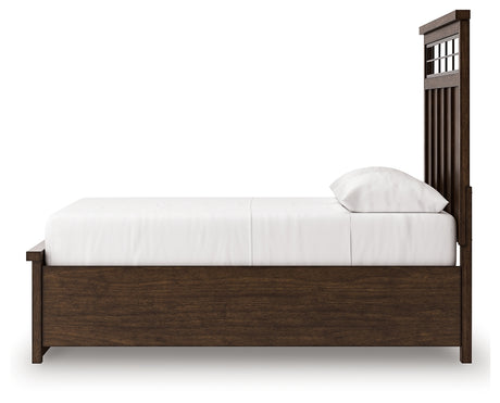 Head on view highlighting drawer pulls and wood finish