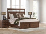Taffenbrook king panel storage bed front angle in medium brown