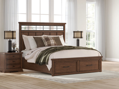 Taffenbrook king panel storage bed front angle in medium brown