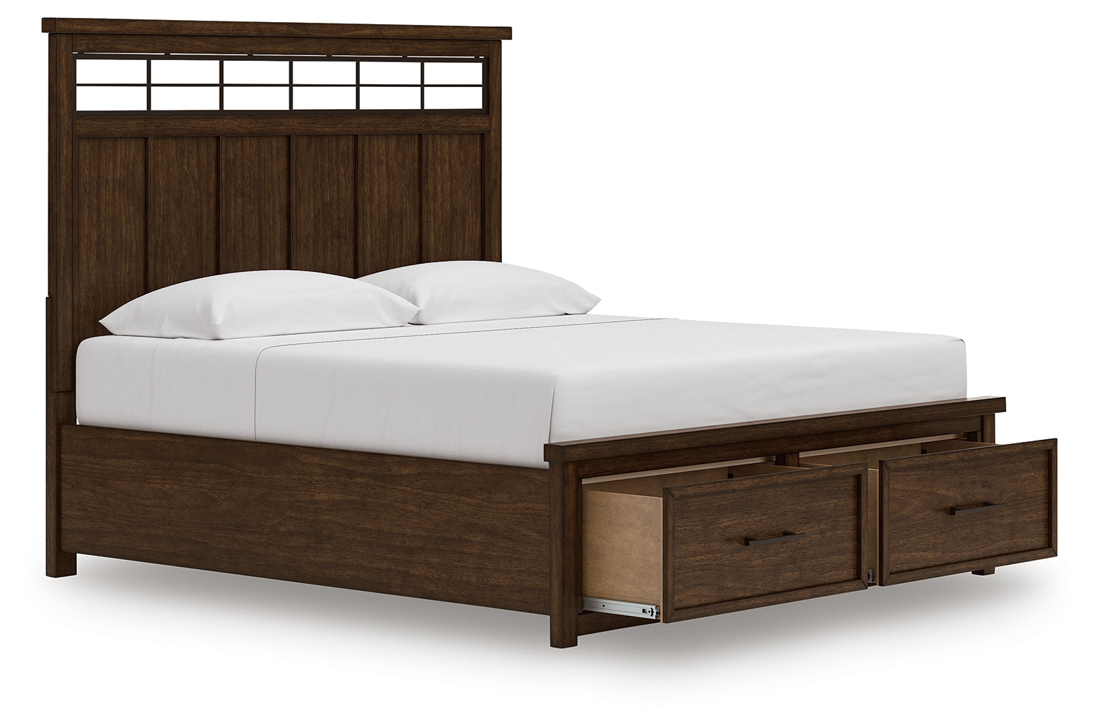 Open storage drawer under Taffenbrook king bed