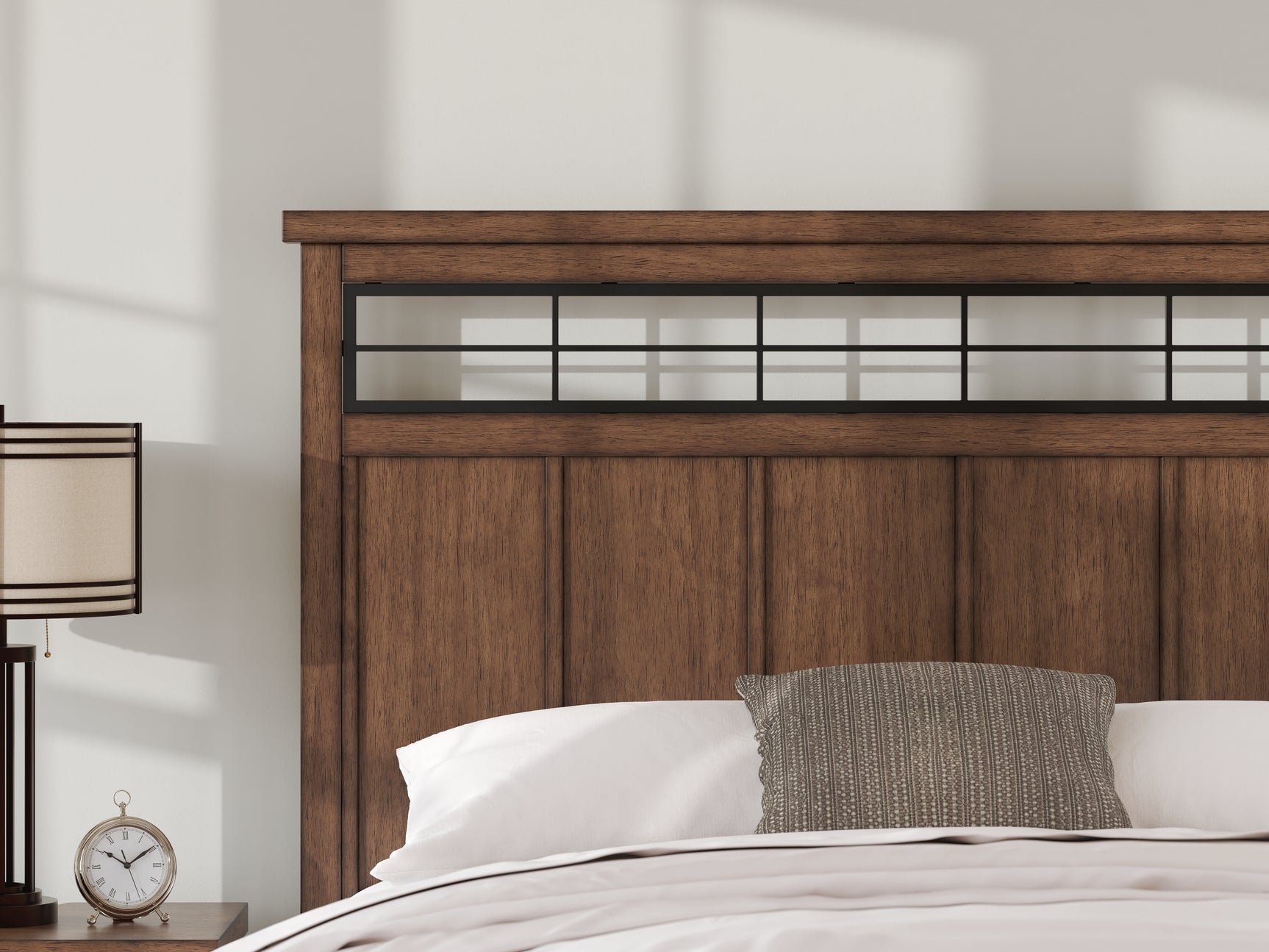 Close-up detail of headboard and metal fretwork