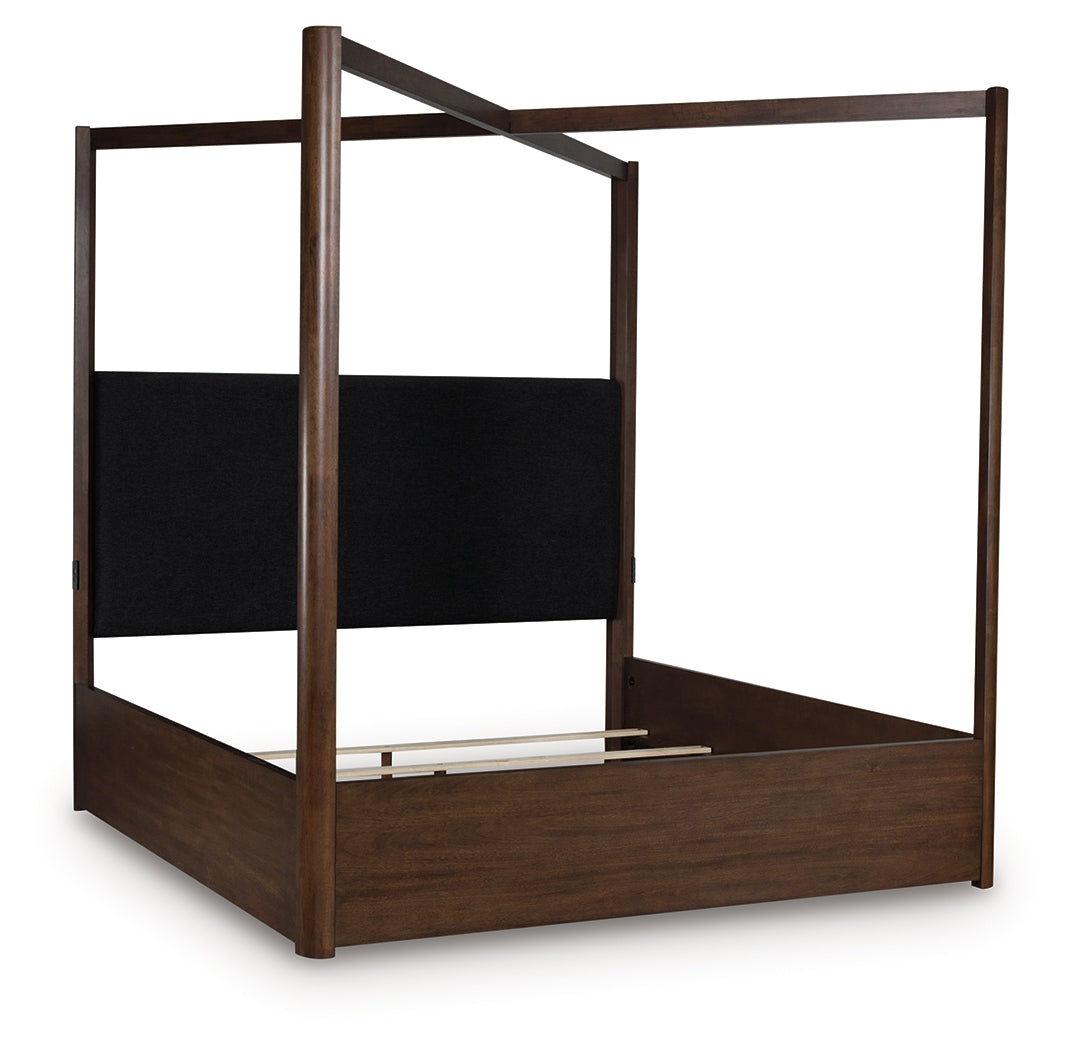 Dilenno King Canopy Bed head-on view showing upholstered headboard