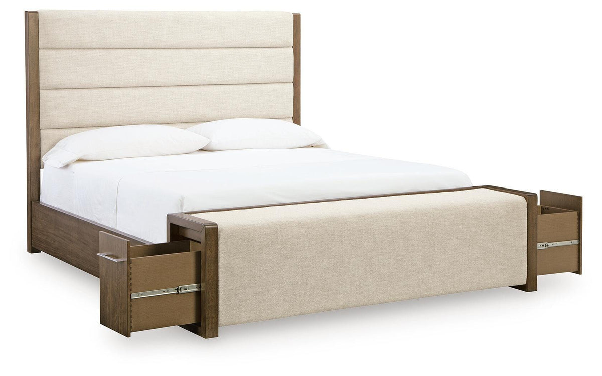 Marxmore Brown King Upholstered Storage Bed angled view