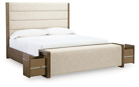 Marxmore Brown King Upholstered Storage Bed angled view
