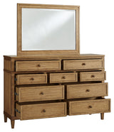Open drawer showing felt-lined top drawer in Sharlance dresser