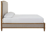 Sharlance king upholstered panel bed, side profile view showing footboard