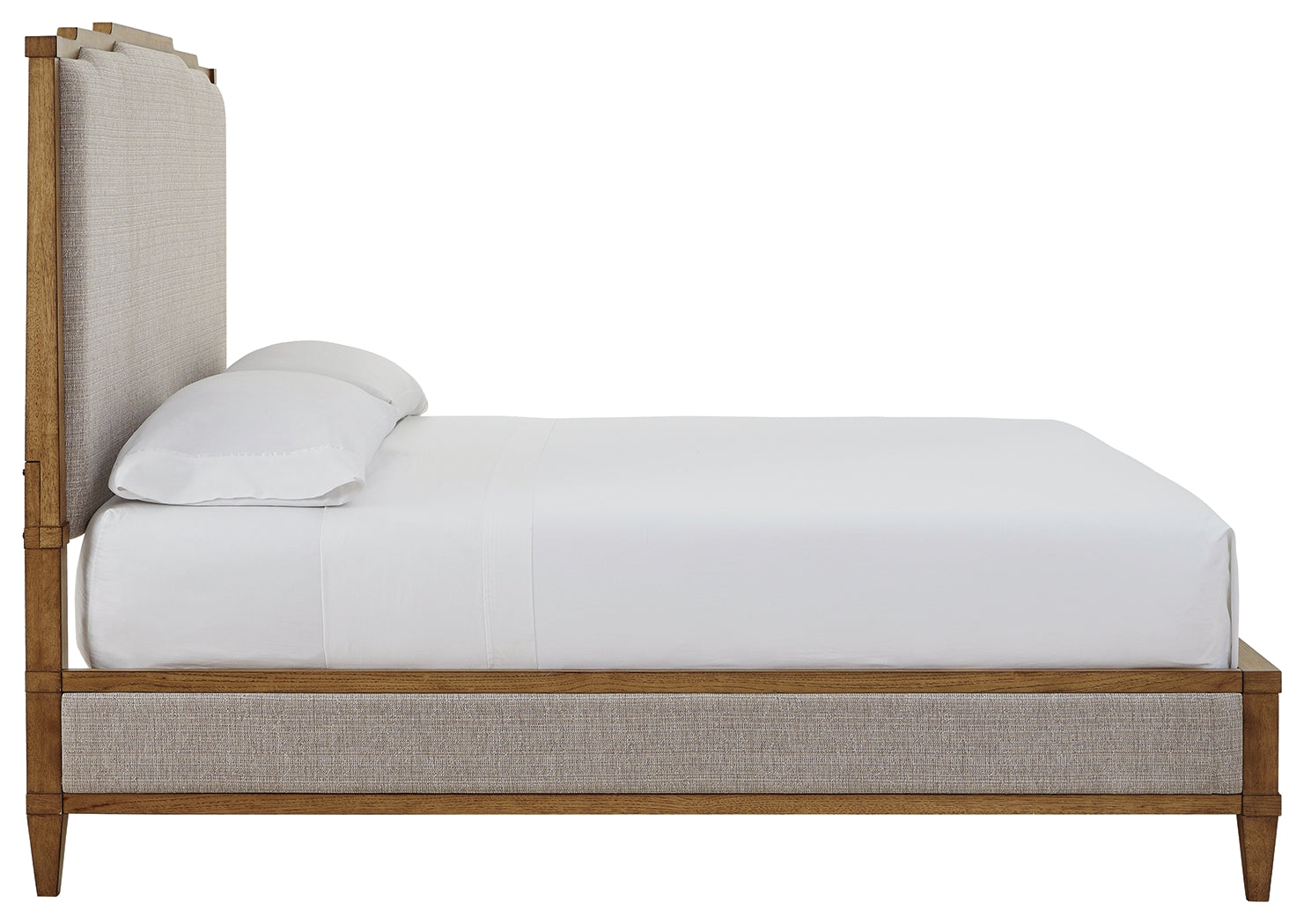 Sharlance king upholstered panel bed, side profile view showing footboard