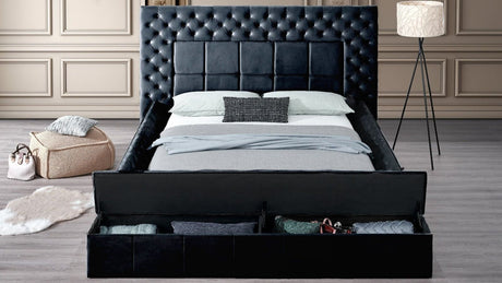 Emerald black queen bed upholstered tufted panel front view