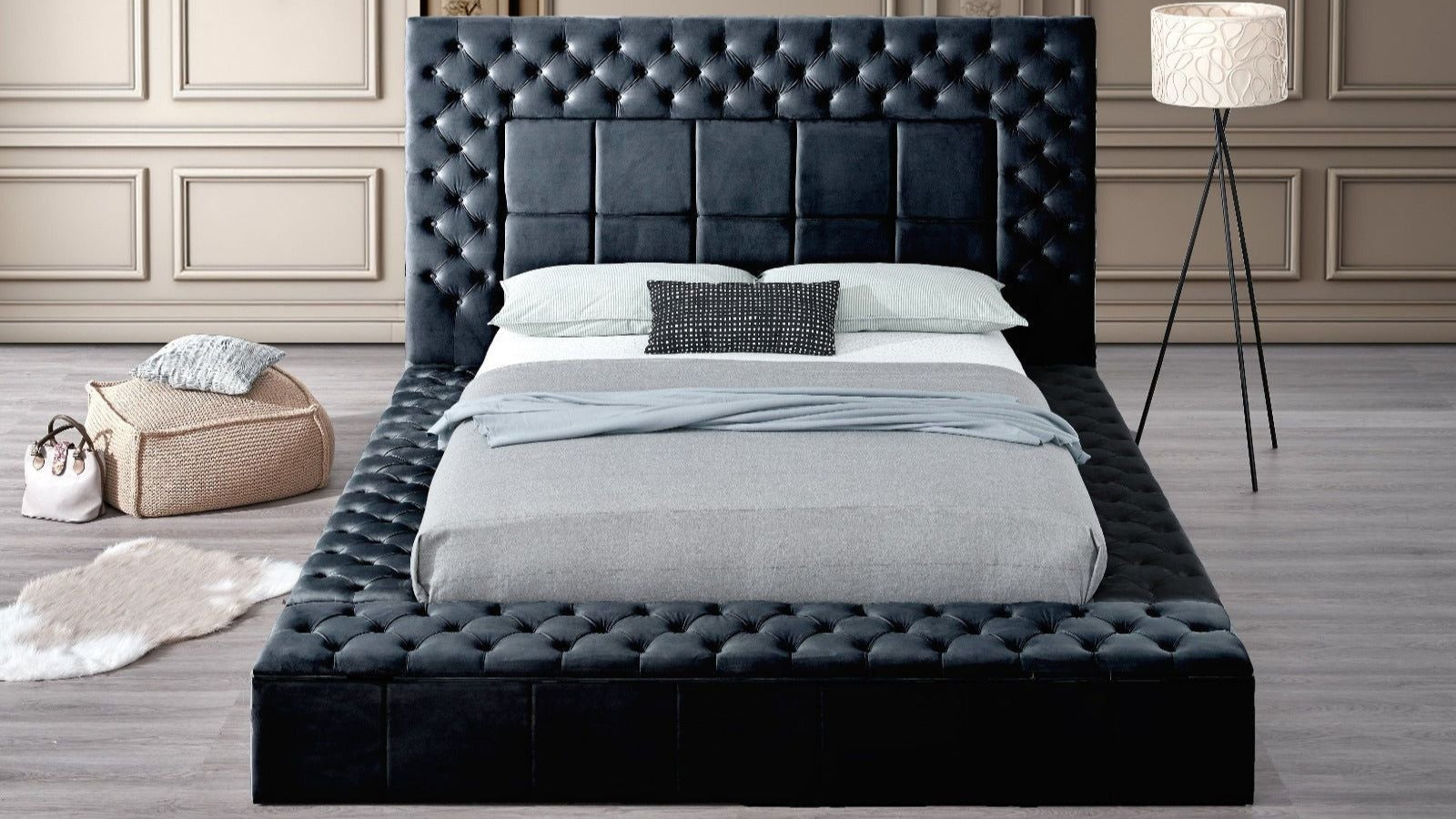 Emerald black queen bed storage footboard side angle