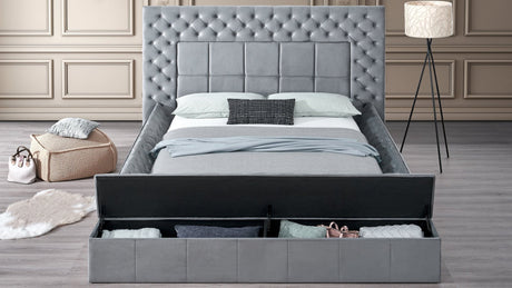 Emerald grey upholstered tufted storage queen bed angled view