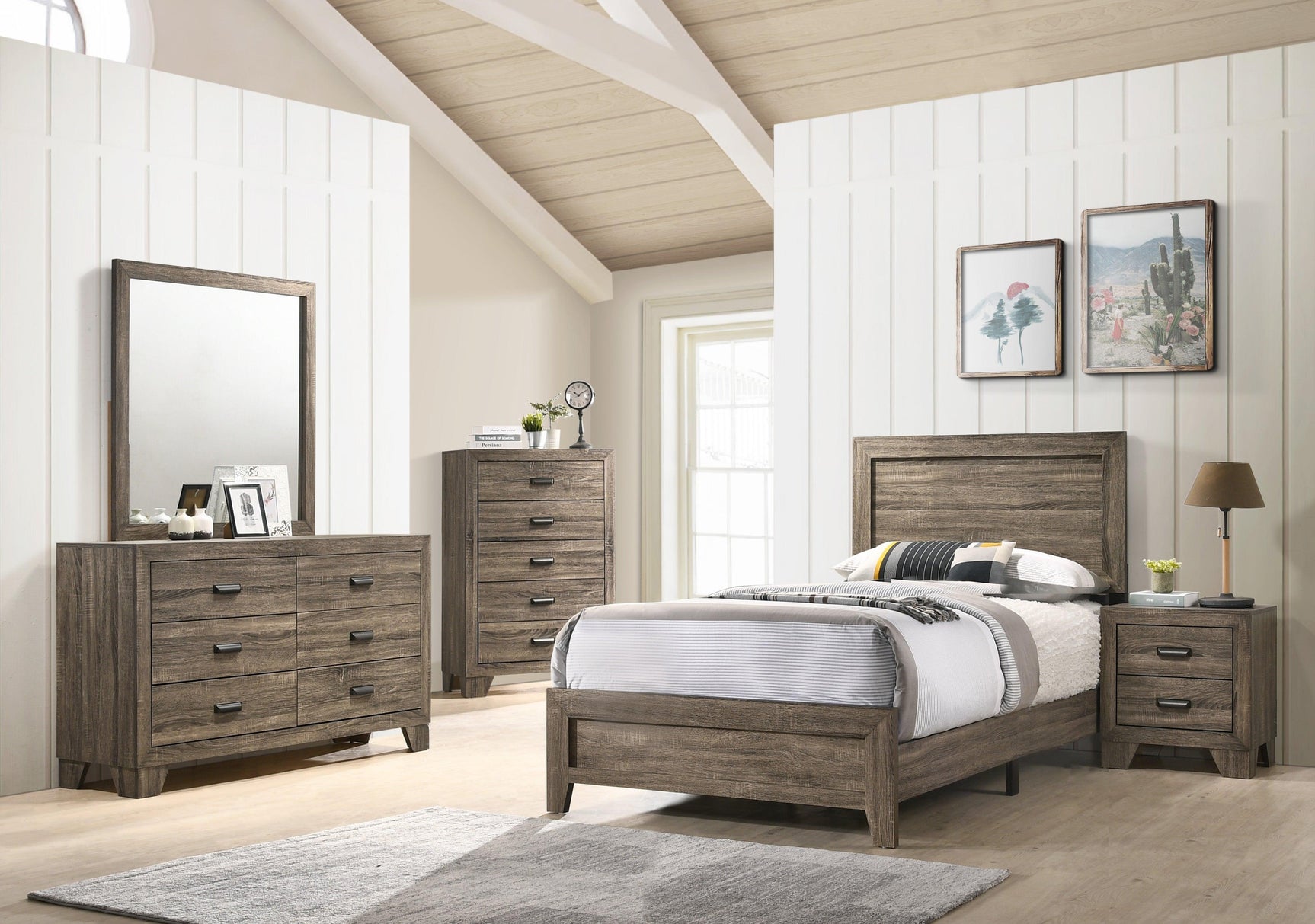 Millie Brown Finish Transitional Modern Wood Grain Twin Panel Bed - Ella Furniture