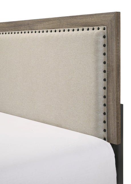 Bedroom view of Millie Grey Upholstered Fabric Panel Bedroom Set bed