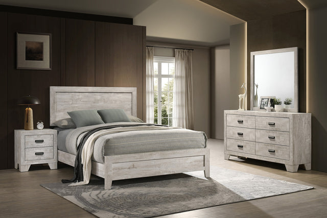 Millie Light Gray Panel Bedroom Set with Bed, Dresser, Mirror, Nightstand & Chest room view by Crownmark | Decor Furniture