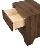 Millie Brown nightstand in brown cherry showing drawer and wood finish