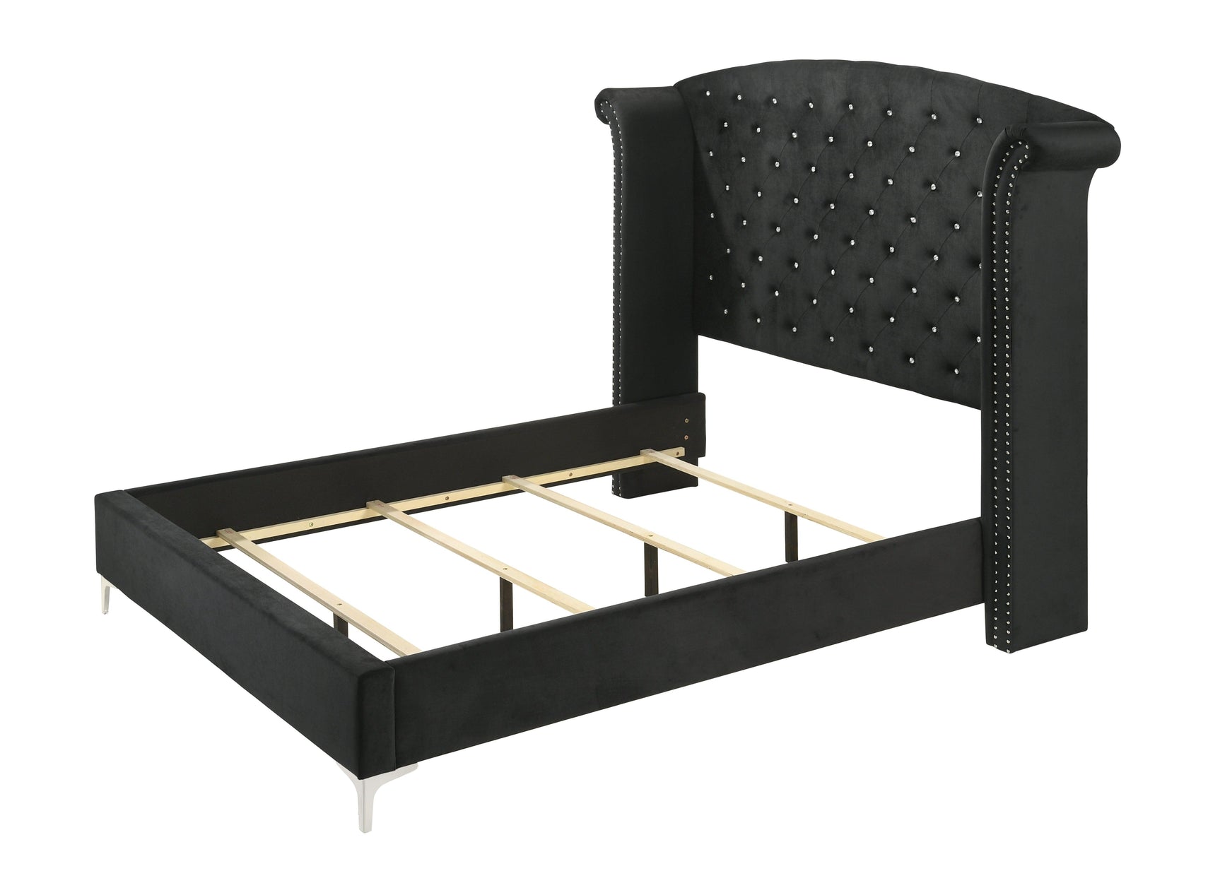 Bedroom view showing Lucinda black velvet wingback upholstered tufted panel bed