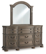 Angled side view of Ardenfield dresser closed drawers