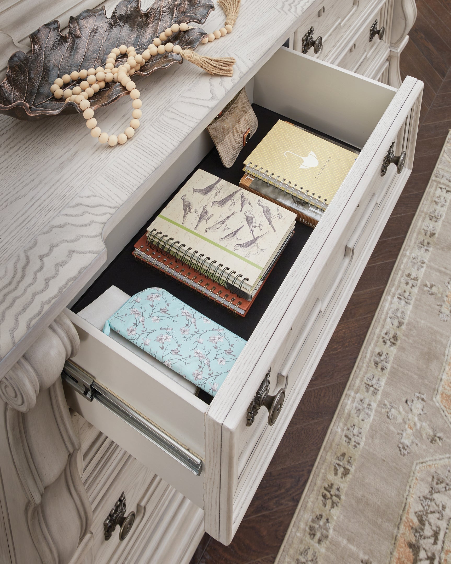 View of felt-lined top drawer interior