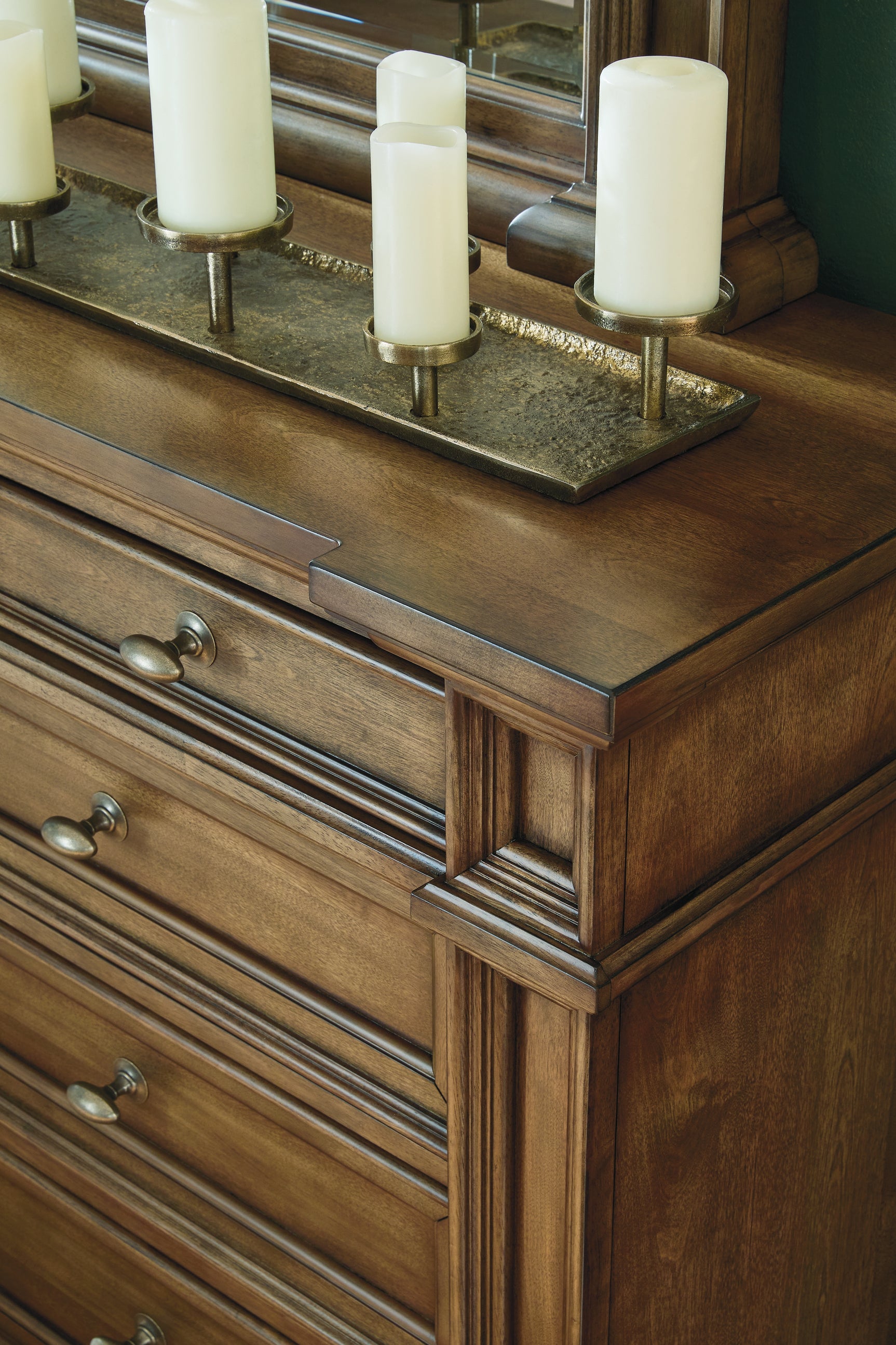 Detail of Antiqued Brass-tone Oval Knob on Dresser