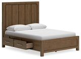 View of panel headboard in light brown finish