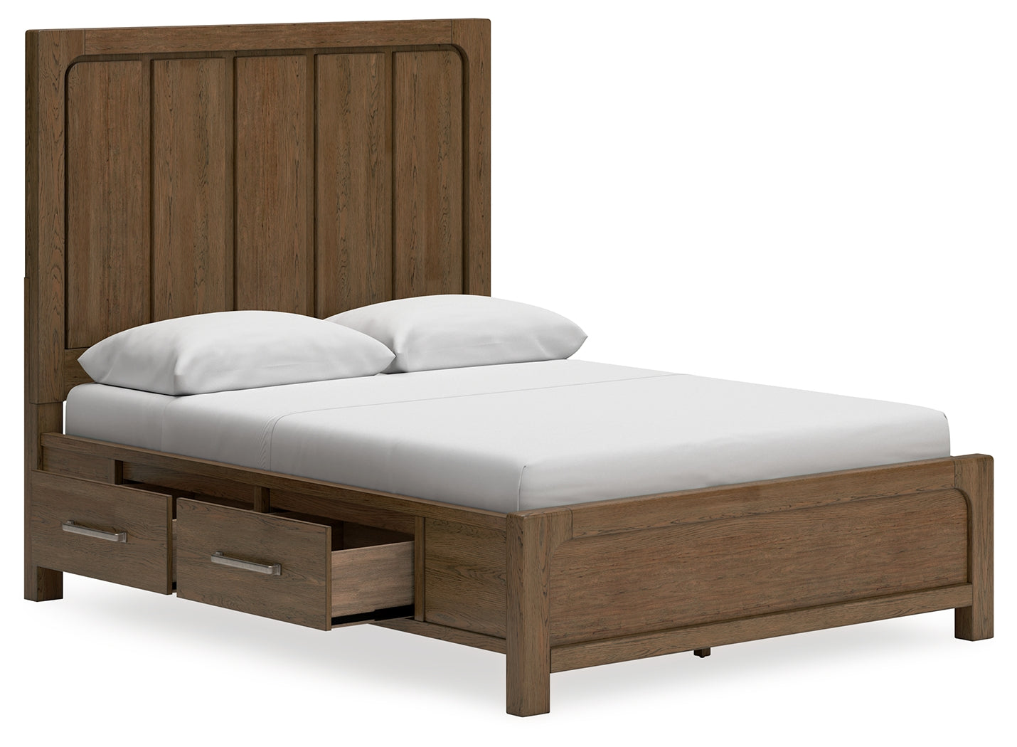 View of panel headboard in light brown finish