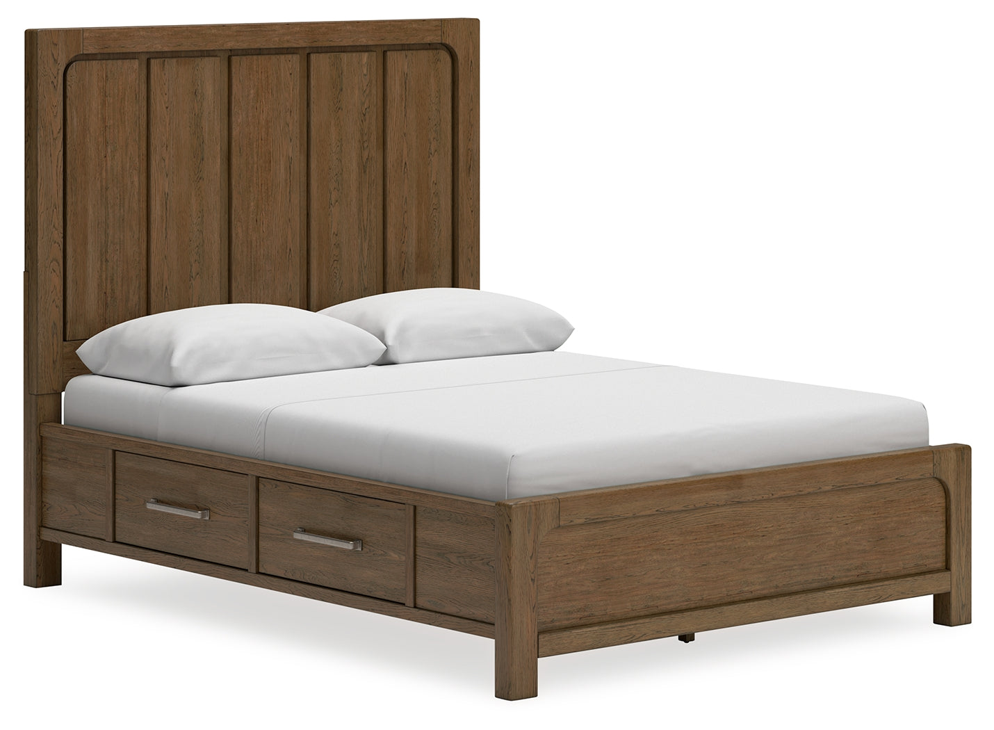 Side angle of Cabalynn queen bed showing storage drawers open