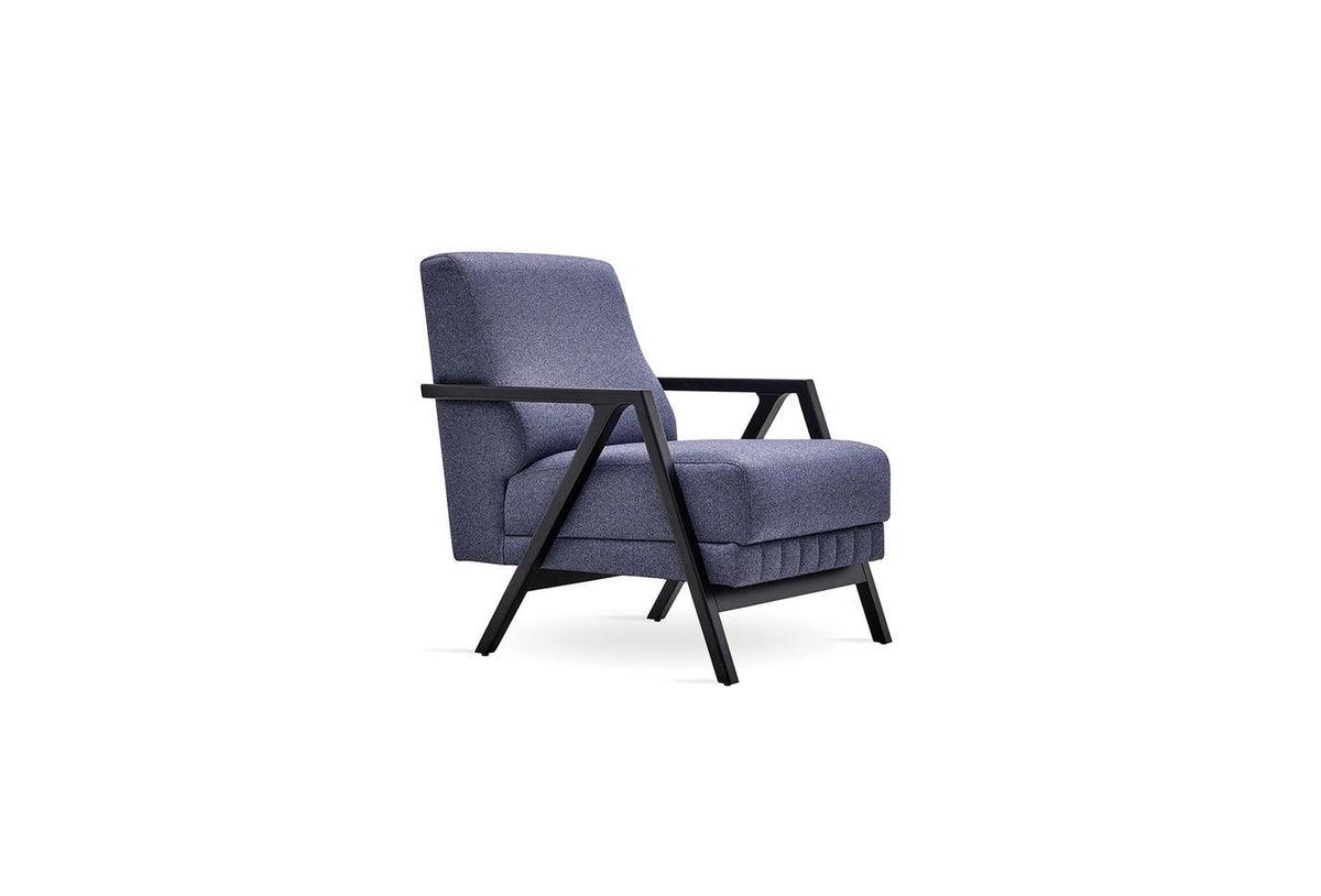Close-up of navy fabric upholstery on armchair