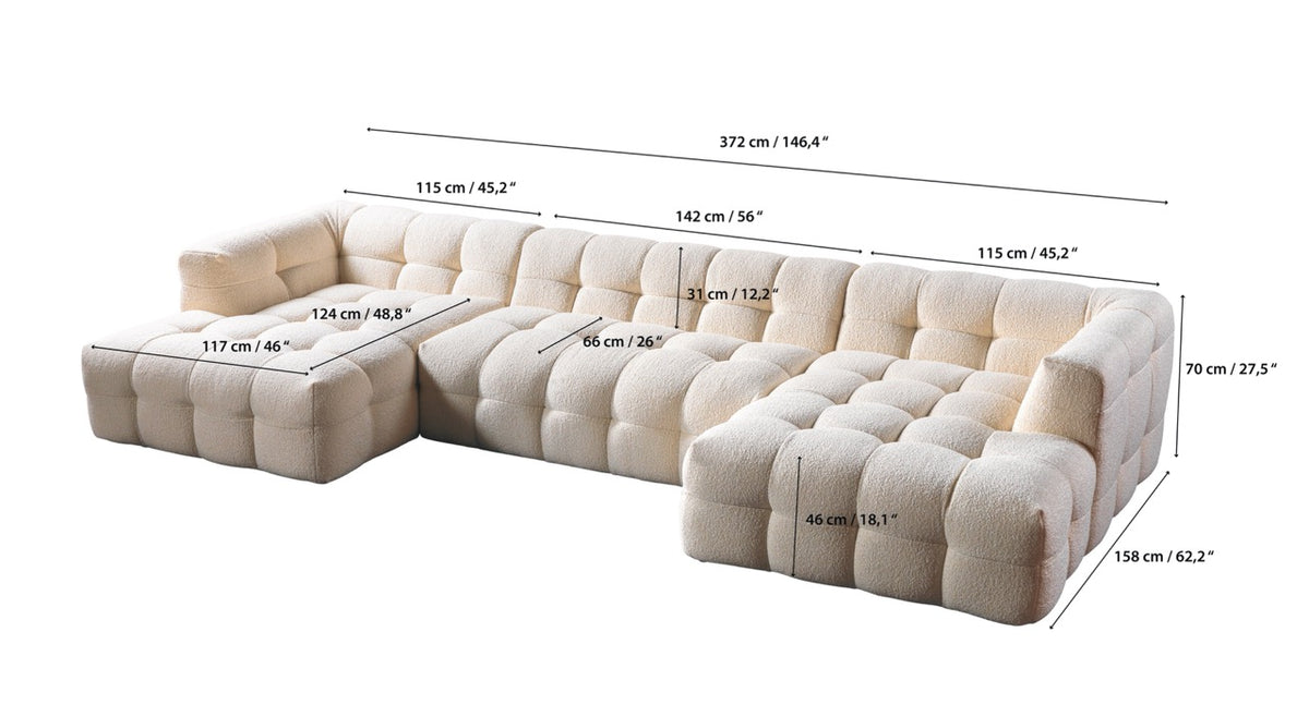 Ivy Sand Boucle Double Chaise 146" Sectional dimension view