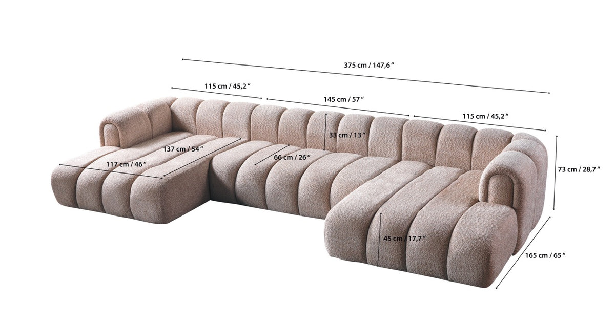 Lis Ivory Boucle Double Chaise 147" Sectional dimension view