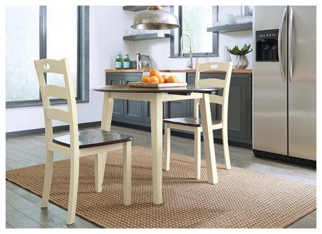Woodanville cream and brown dining drop leaf table angled view