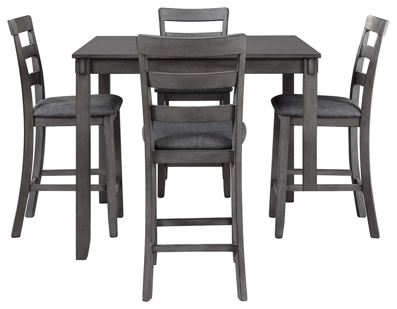 Bridson gray counter height dining table and bar stools head-on view