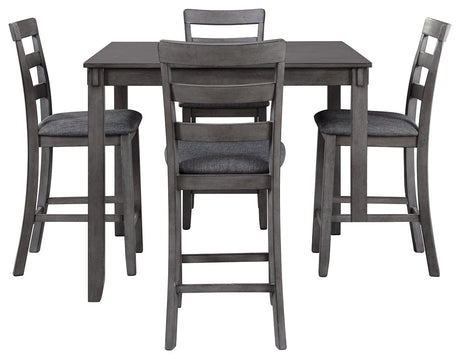 Bridson gray counter height dining table and bar stools head-on view