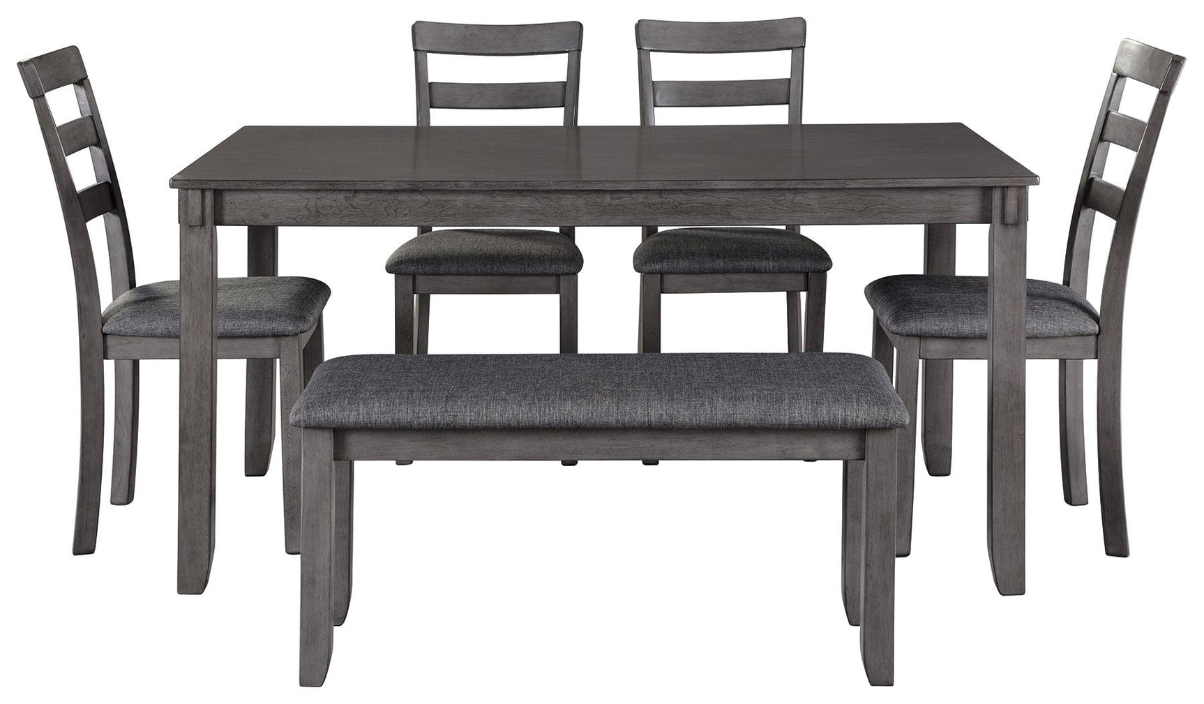 Four Bridson ladderback dining chairs with gray upholstered seats
