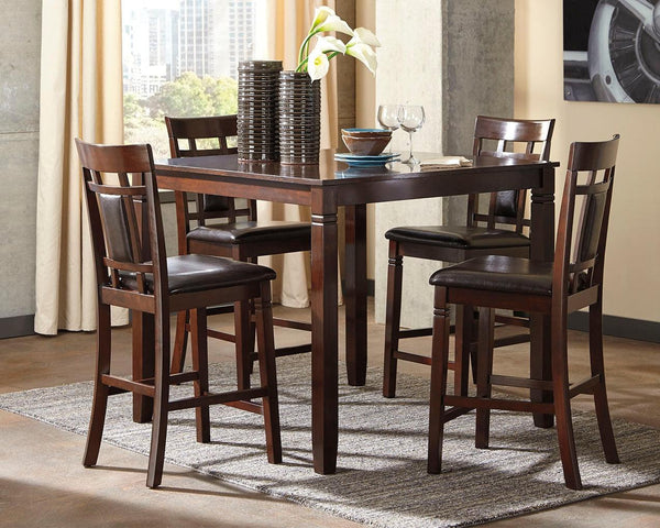 Bennox brown counter height dining table and four upholstered bar stools set