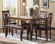 Bennox brown rectangular dining table with four upholstered chairs and bench