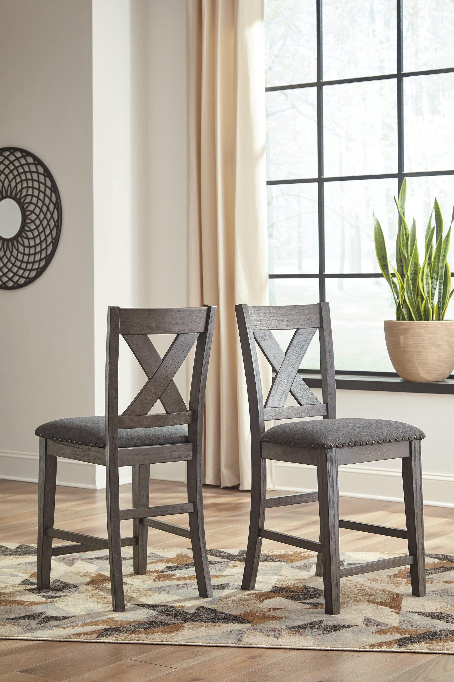 Caitbrook Gray Counter Height Upholstered Bar Stool overall side perspective