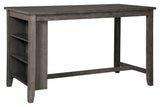 Caitbrook Gray Counter Height Dining Table side view highlighting fixed shelves