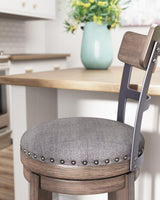 Caitbrook Gray Upholstered Bar Height Swivel Stool wood frame close-up