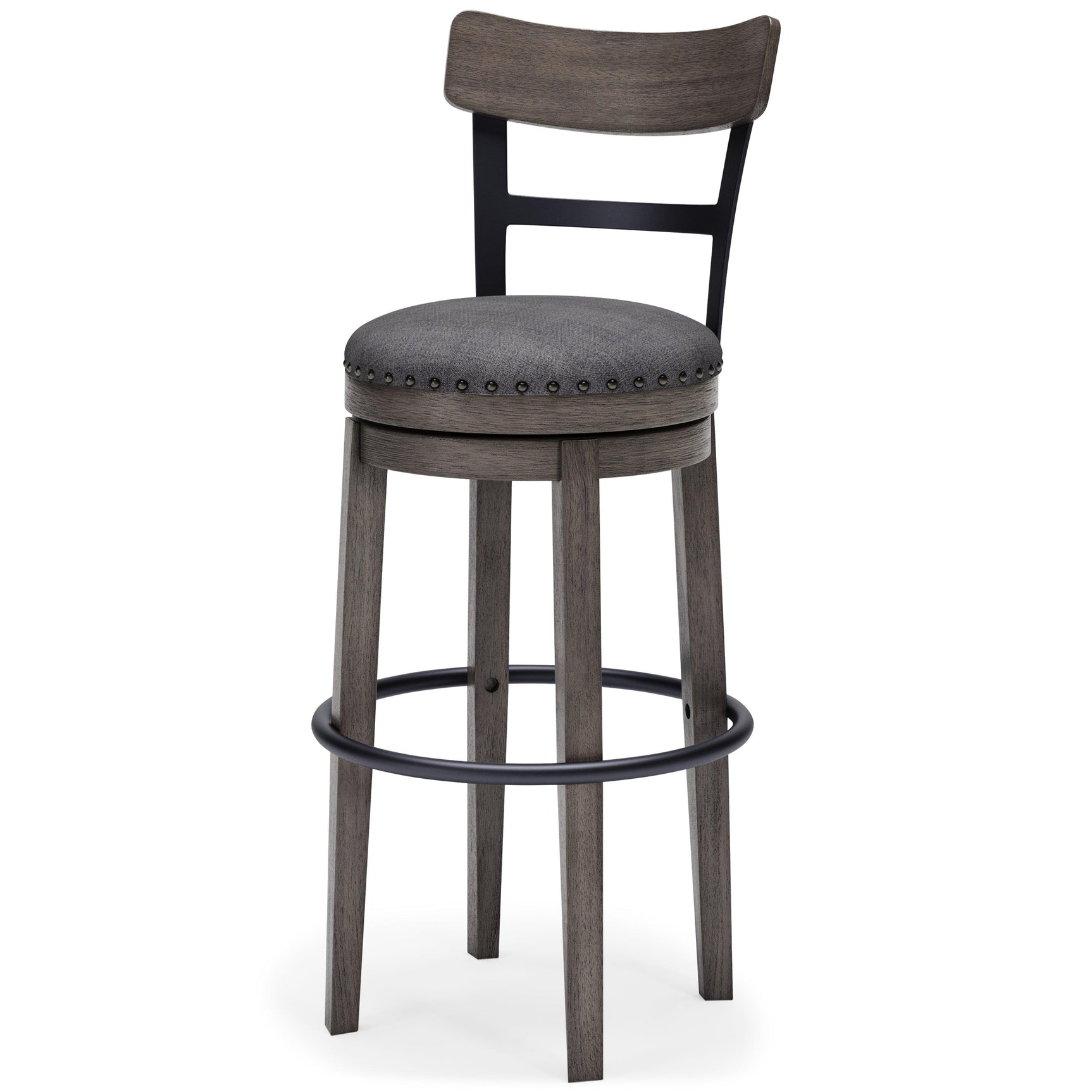 Caitbrook Gray Upholstered Bar Height Swivel Stool seating surface close-up