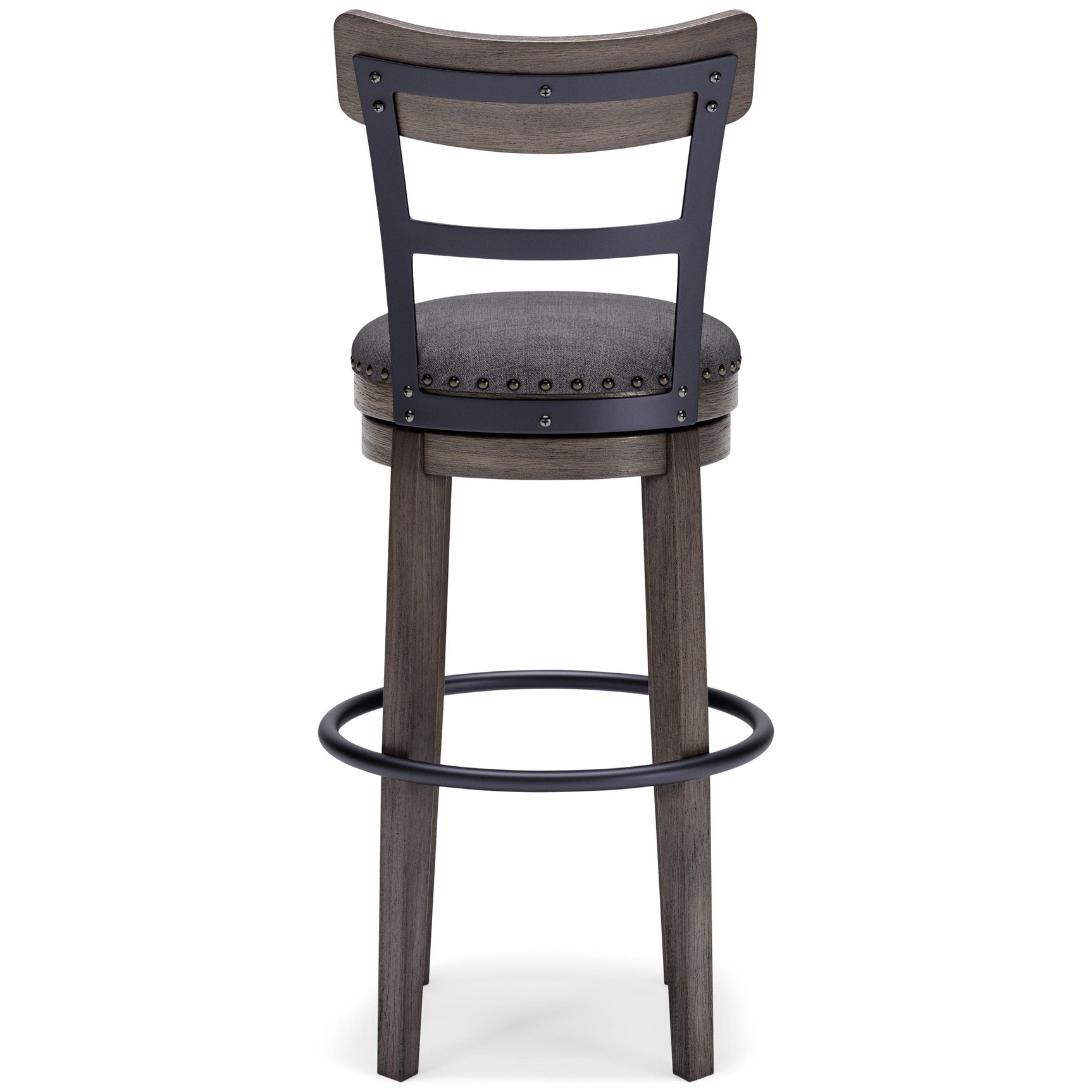 Caitbrook Gray Upholstered Bar Height Swivel Stool armrest and frame