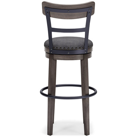 Caitbrook Gray Upholstered Bar Height Swivel Stool armrest and frame