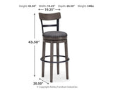 Caitbrook Gray Upholstered Bar Height Swivel Stool dimensions chart