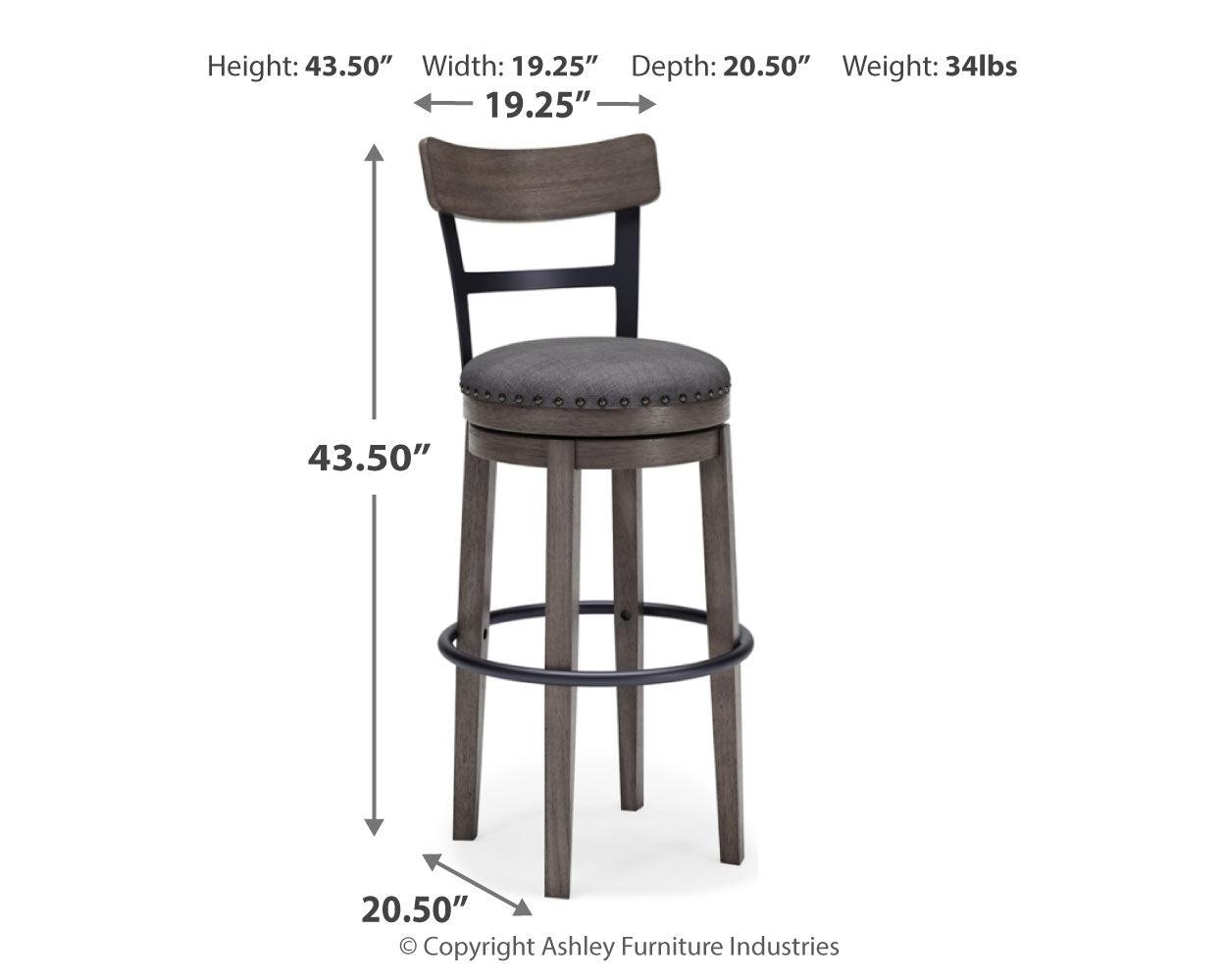 Caitbrook Gray Upholstered Bar Height Swivel Stool dimensions chart