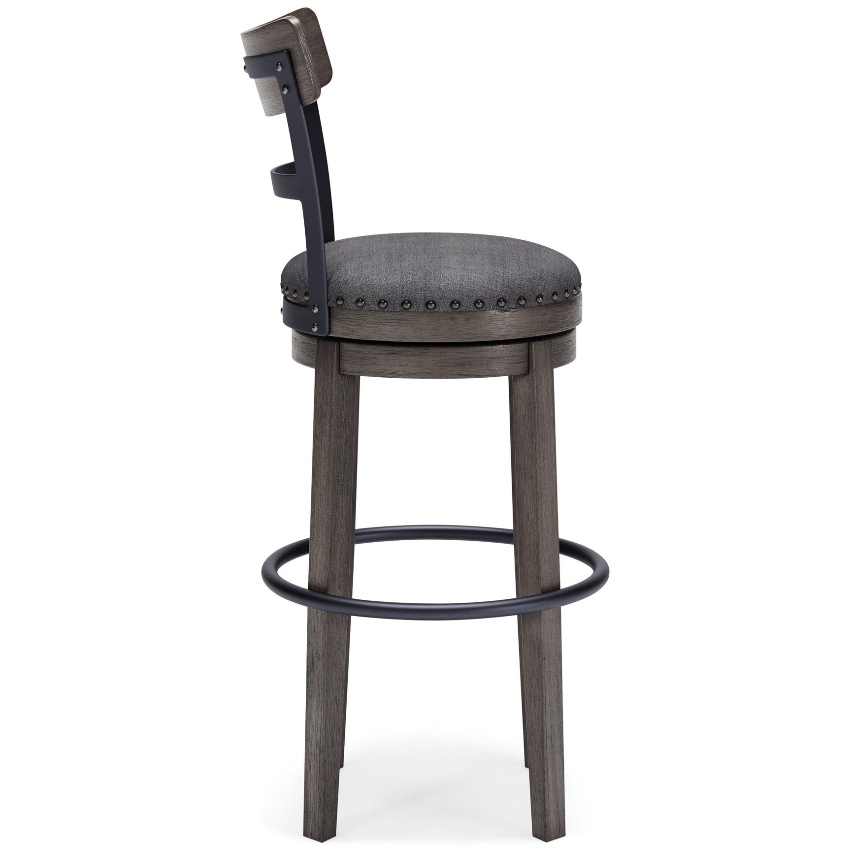 Caitbrook Gray Upholstered Bar Height Swivel Stool footrest detail