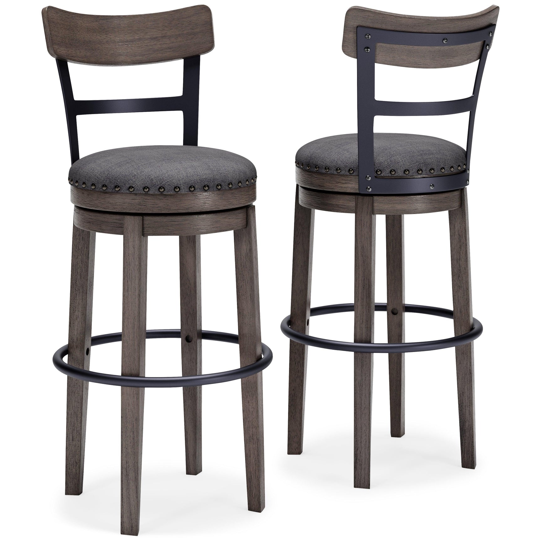 Caitbrook Gray Upholstered Bar Height Swivel Stool detailed nailhead trim