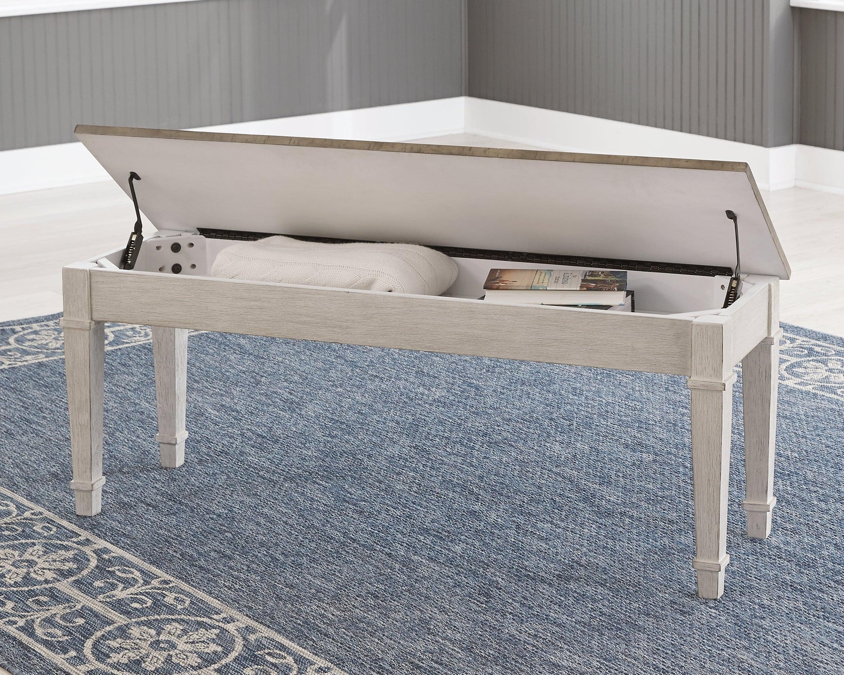 Back view of Skempton white light brown storage bench