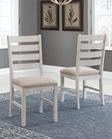 Skempton dining chair full side view in light brown upholstery