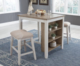 Two cushioned backless bar stools with light brown upholstery and wooden legs