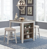 Close-up of plank effect light brown tabletop with three open shelves underneath